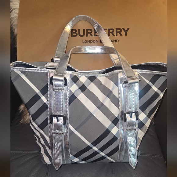 Burberry Handbags - Burberry Silver Beat Check Nylon Victoria Tote